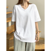 白色短袖 胖mm显瘦夏季 t恤女v领纯棉宽松半袖 纯色港味chic上衣大码