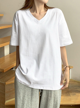 白色短袖t恤女v领纯棉宽松半袖纯色港味chic上衣大码胖mm显瘦夏季