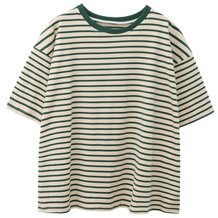日系oversize绿色条纹t恤女夏季大码纯棉短袖ins潮牌宽松上衣女装
