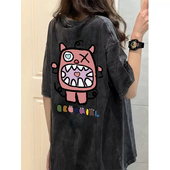 大码 水洗做旧t恤潮牌宽松圆领纯棉短袖 女夏季 胖mm港味chic上衣女