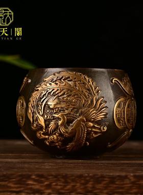 纯铜鎏金浮雕龙凤十帝杯桌面摆件古玩古董客厅玄关家居装饰 收藏
