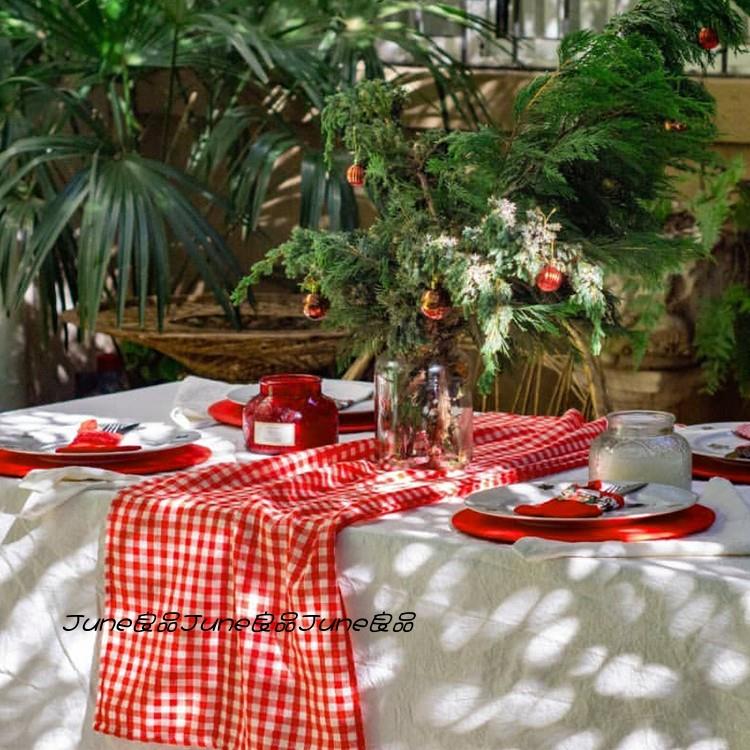 北欧ins红格子桌旗现代简约圆茶几垫桌布棉麻长条桌巾桌垫桌旗布
