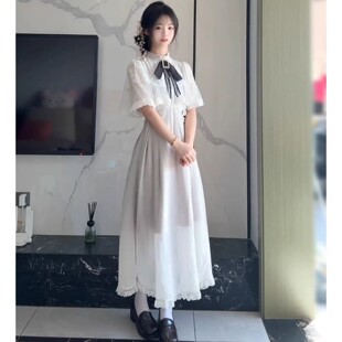 lolita日系罩纱斗篷半袖蕾丝连衣裙清楚系优雅富家千金裙送胸花