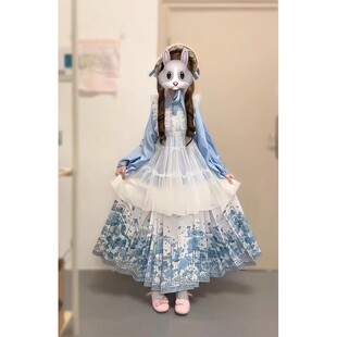 蓝色汉洋折衷汉服女洛丽塔lolita裙马面裙琵琶袖罩裙可爱少女甜妹