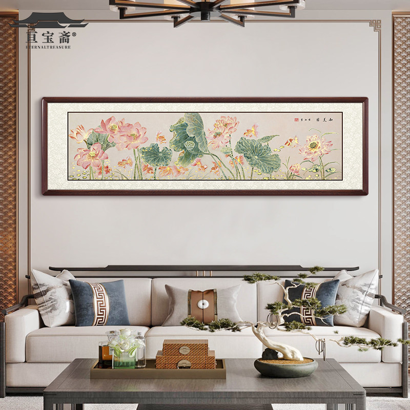 客厅沙发装饰国画鎏金纯手绘挂画和和美美荷花新中式卧室床头墙画