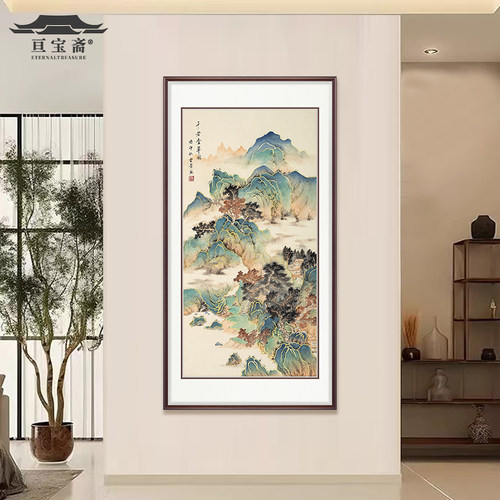 新中式玄关装饰壁画纯手绘鎏金山水国画走廊过道挂画墙画千岩叠翠