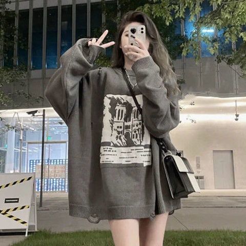 复古慵懒风破洞卫衣女学生秋冬加绒加厚韩版港味宽松休闲外穿上衣