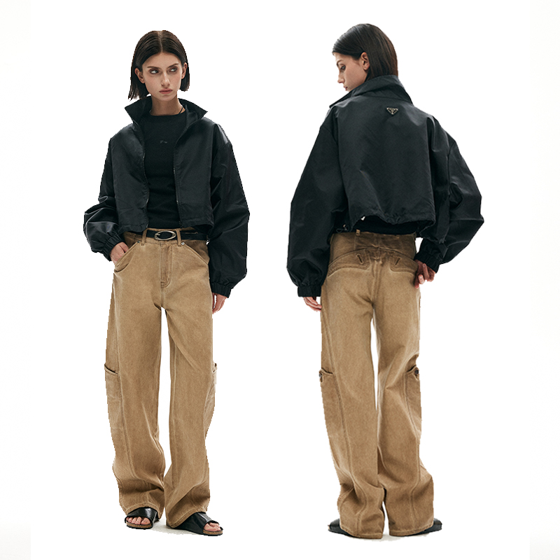 原创设计卡其色低腰工装牛仔裤