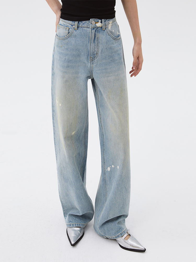 REMOULD 2024夏季新款小众复古脏脏泥染薄款直筒泼墨牛仔阔腿裤女