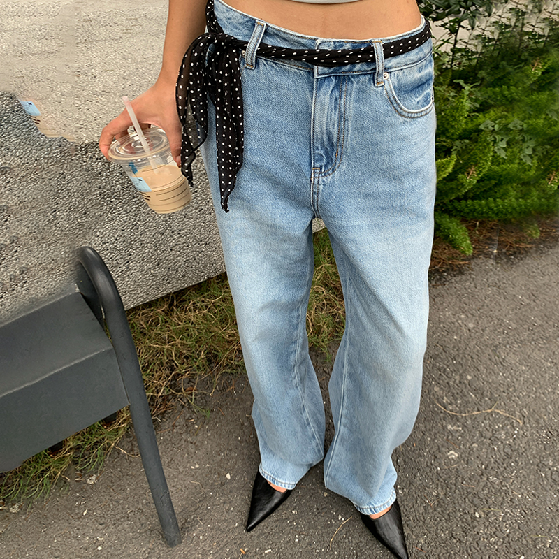 REMOULD 新款浅蓝洗水直筒高腰简约舒适百搭精致窄版阔腿牛仔女裤