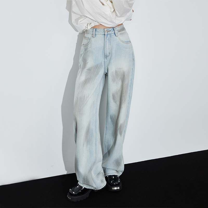 REMOULD 初秋新款小众潮牌做旧涂鸦脏染浅蓝阔腿牛仔女裤宽松慵懒