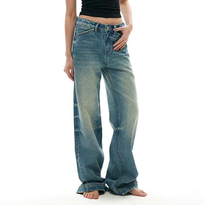 原创设计复古蓝低腰直筒牛仔裤