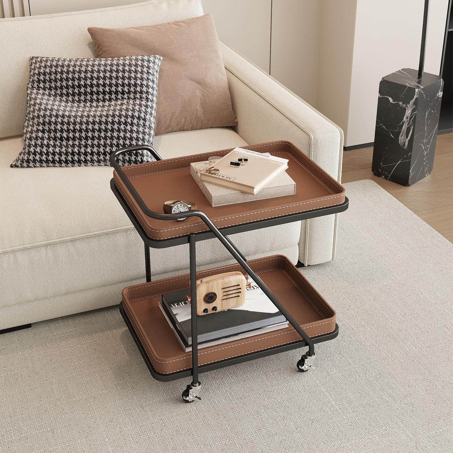 意式极简马鞍皮小推车沙发边几角几可移动茶几客厅卧室带轮置物架