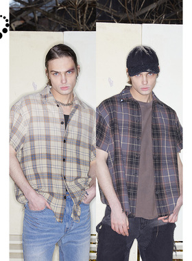 【PacShop】.pac  沙色/夜色春夏土布破坏格纹全棉不规则短袖衬衫