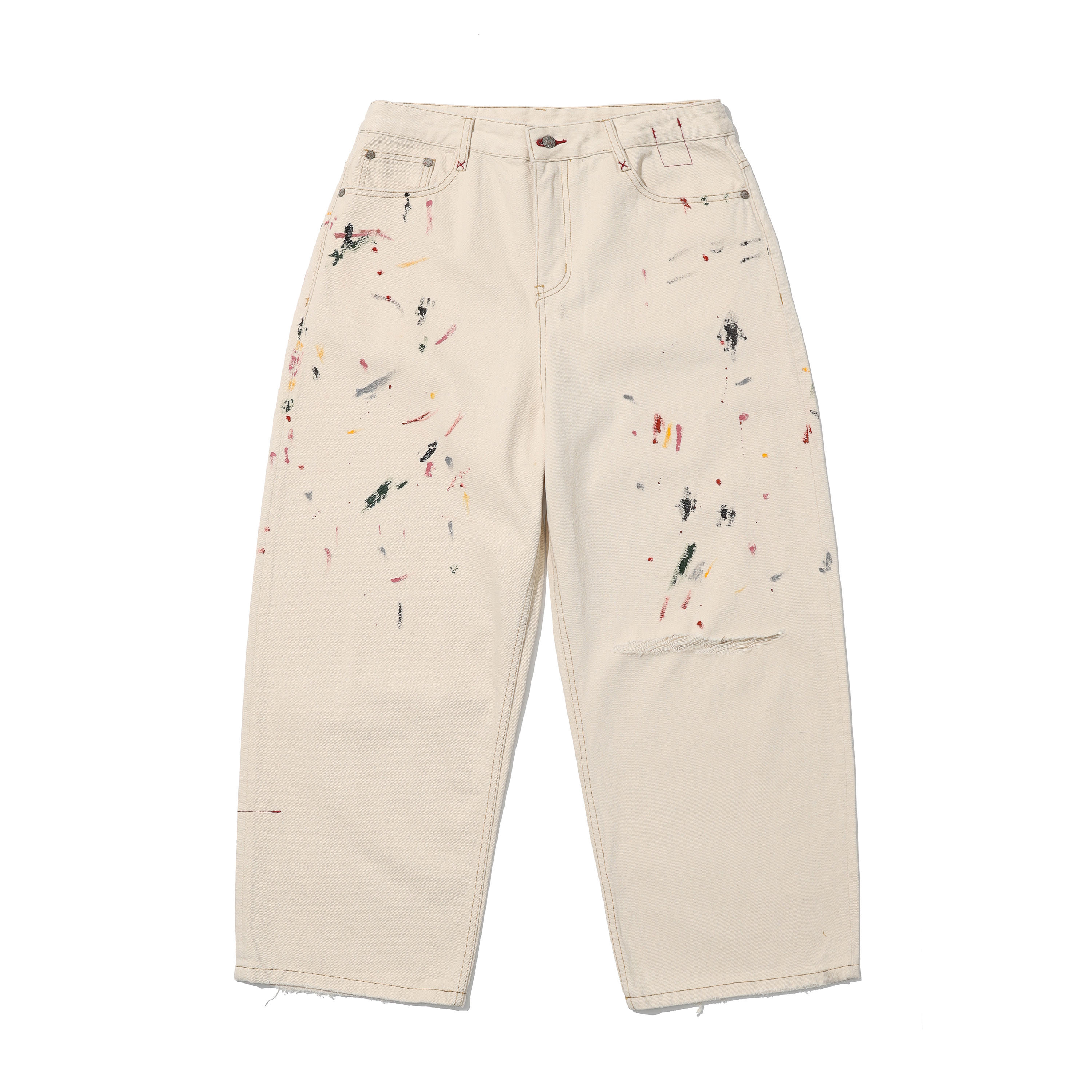 pac白牛仔裤弯刀泼墨做旧印花