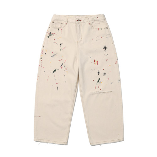 pac白牛仔裤弯刀泼墨做旧印花