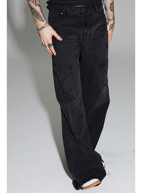 【PacShop】.pac 宽松分割多口袋做旧小破坏爪痕肥喇牛仔裤