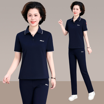 中年妈妈夏装短袖2025新款翻领t恤上衣裤子中老年运动套装女40岁