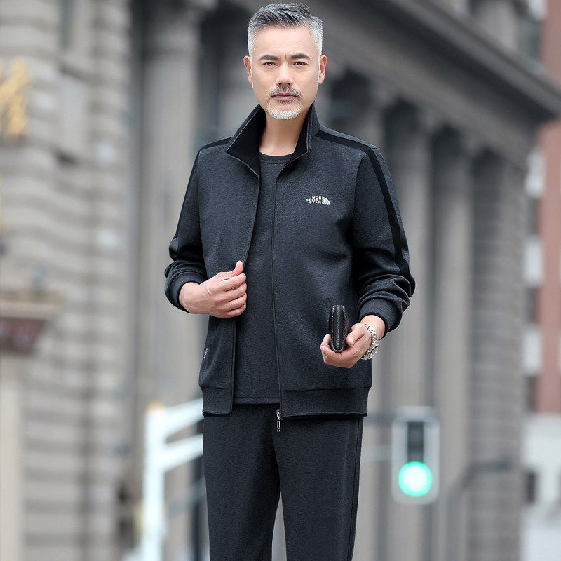 中老年运动套装男装春秋季三件套爸爸春装休闲宽松中年男士运动服