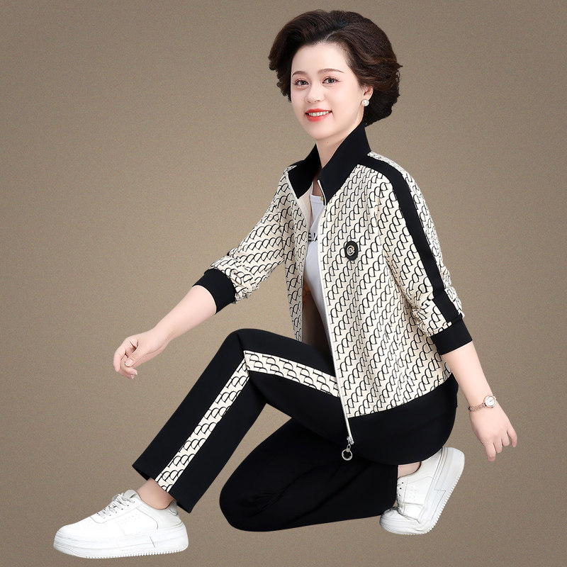 减龄时尚休闲立领运动服套装女2025新款春秋季印花开衫卫衣三件套