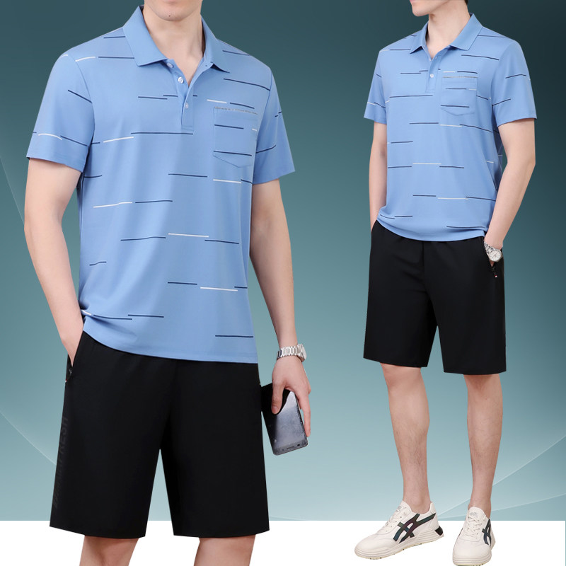 2025新款中老年男装条纹polo衫夏季爸爸夏装中年男士短袖t恤冰丝