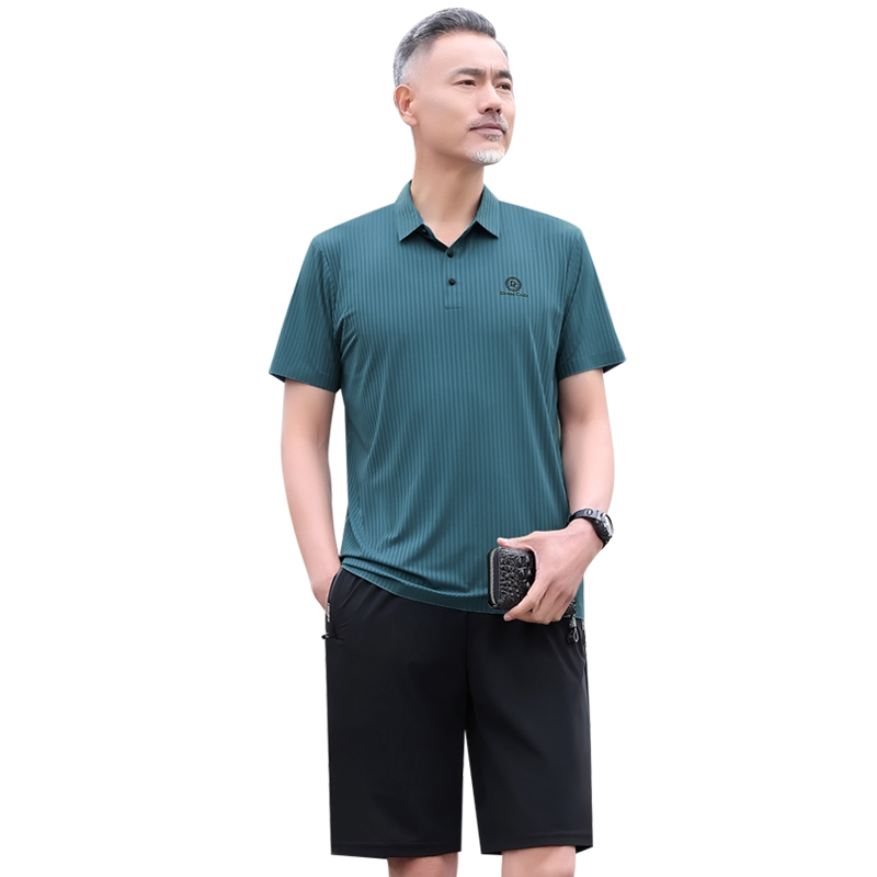 爸爸夏装新款男冰丝短袖短裤套装