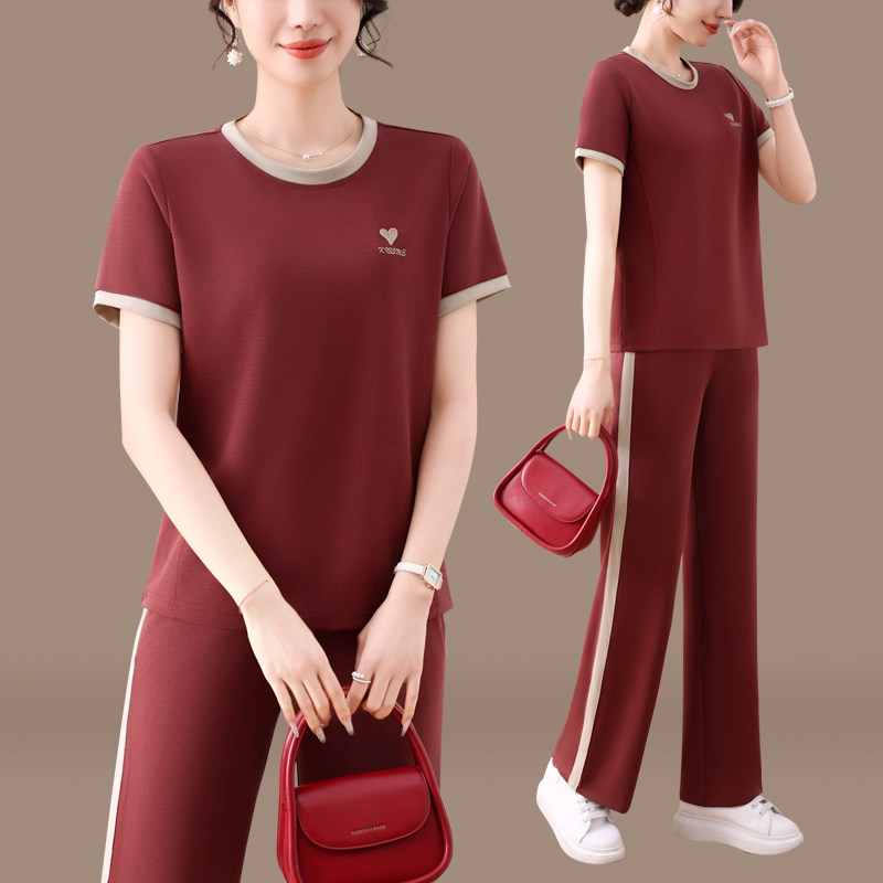 大码运动套装女夏2025新款洋气妈妈夏季宽松休闲短袖跑步服两件套
