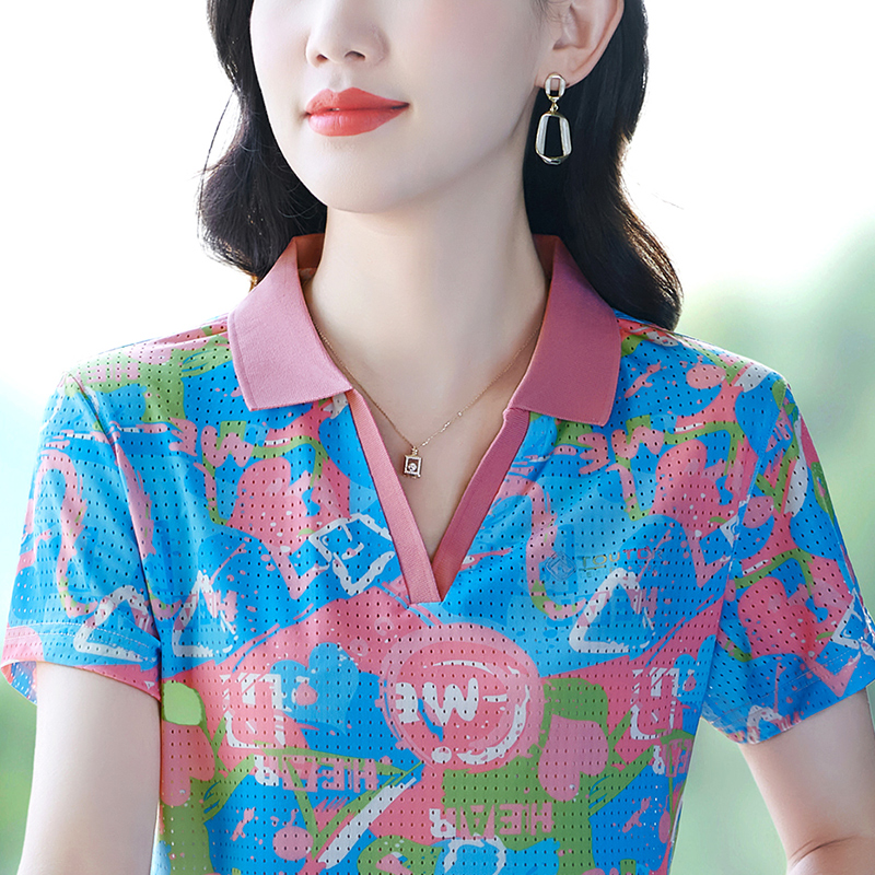 冰丝速干短袖t恤夏季2025新款女士polo衫大码宽松v领运动半袖上衣