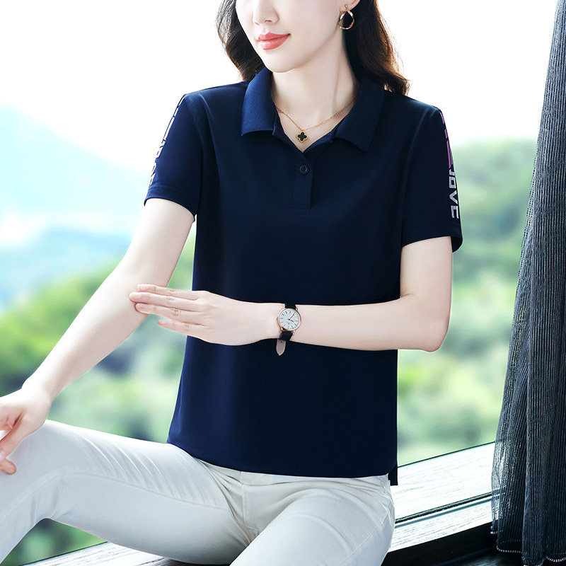 冰丝速干翻领短袖t恤女夏新款纯色运动上衣大码polo衫体恤工作服