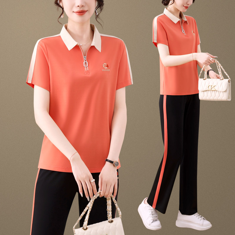 中年妈妈夏季短袖休闲运动服套装新款洋气中老年女装时尚宽松上衣