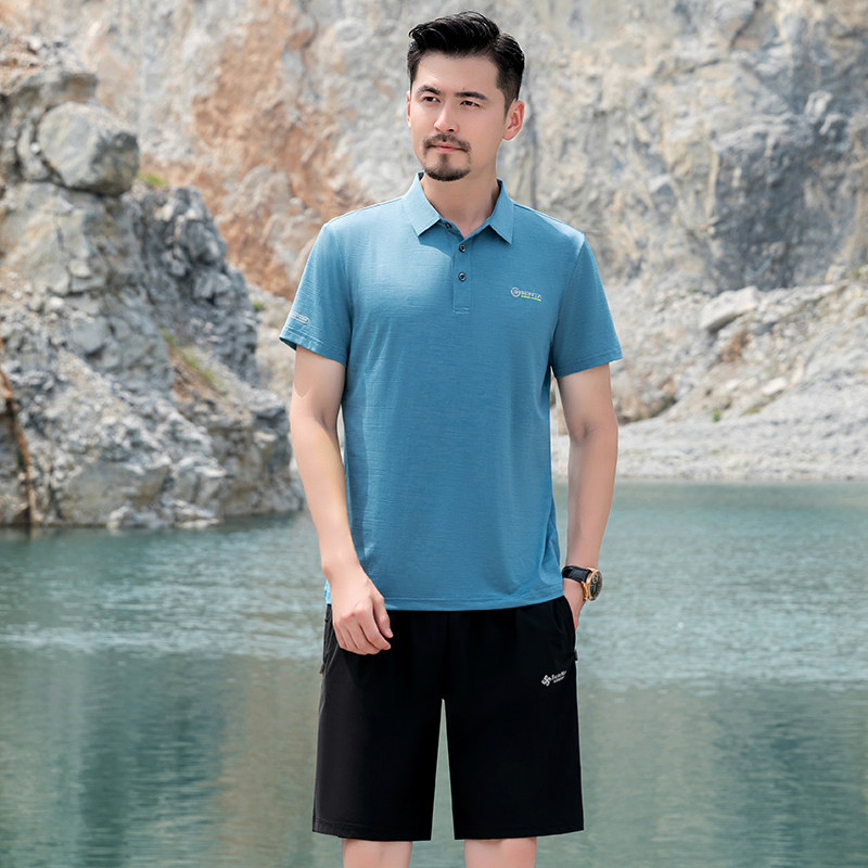 爸爸夏装套装冰丝短袖t恤薄款休闲新款中老年男士夏季POLO衫短裤