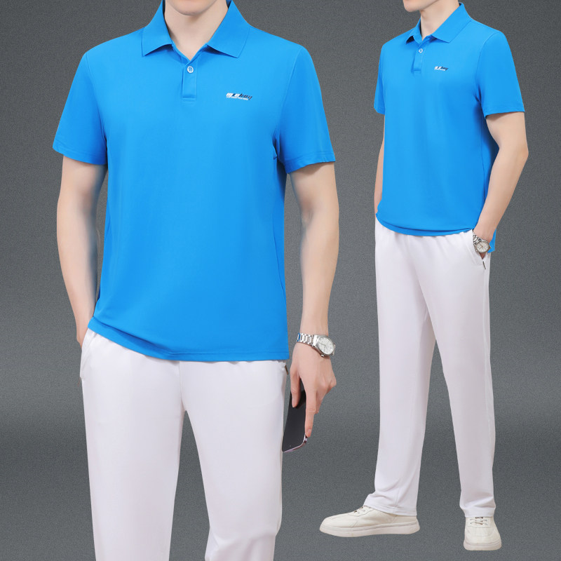 男士休闲运动套装夏季新款中年高档商务服时尚翻领短袖长裤两件套