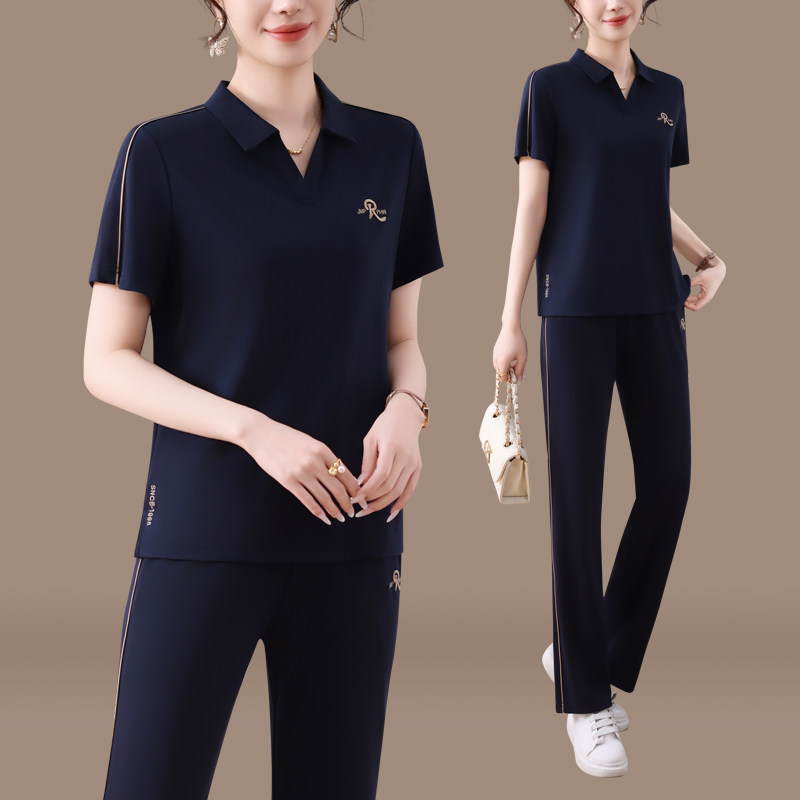 妈妈夏装短袖t恤两件套新款中老年女装洋气运动服套装减龄上衣潮