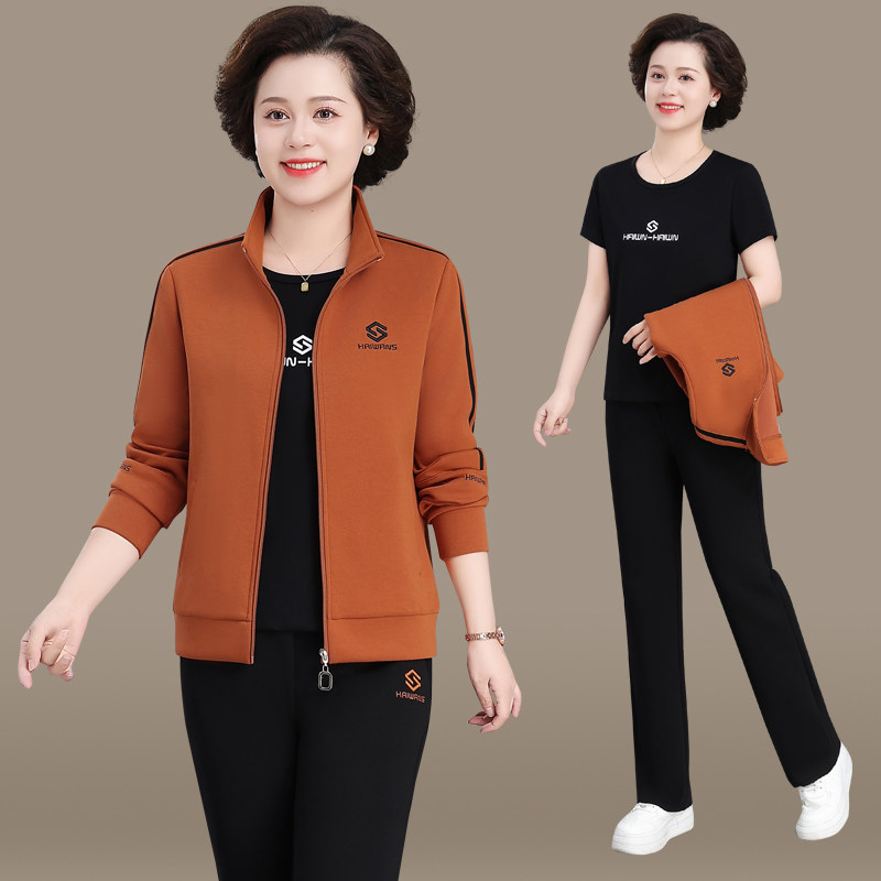 春秋季运动服套装女2025新款时尚减龄显瘦中年妈妈休闲跑步三件套