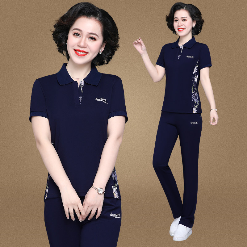 中老年妈妈夏装短袖长裤运动服休闲套装女大码中年翻领T恤两件套
