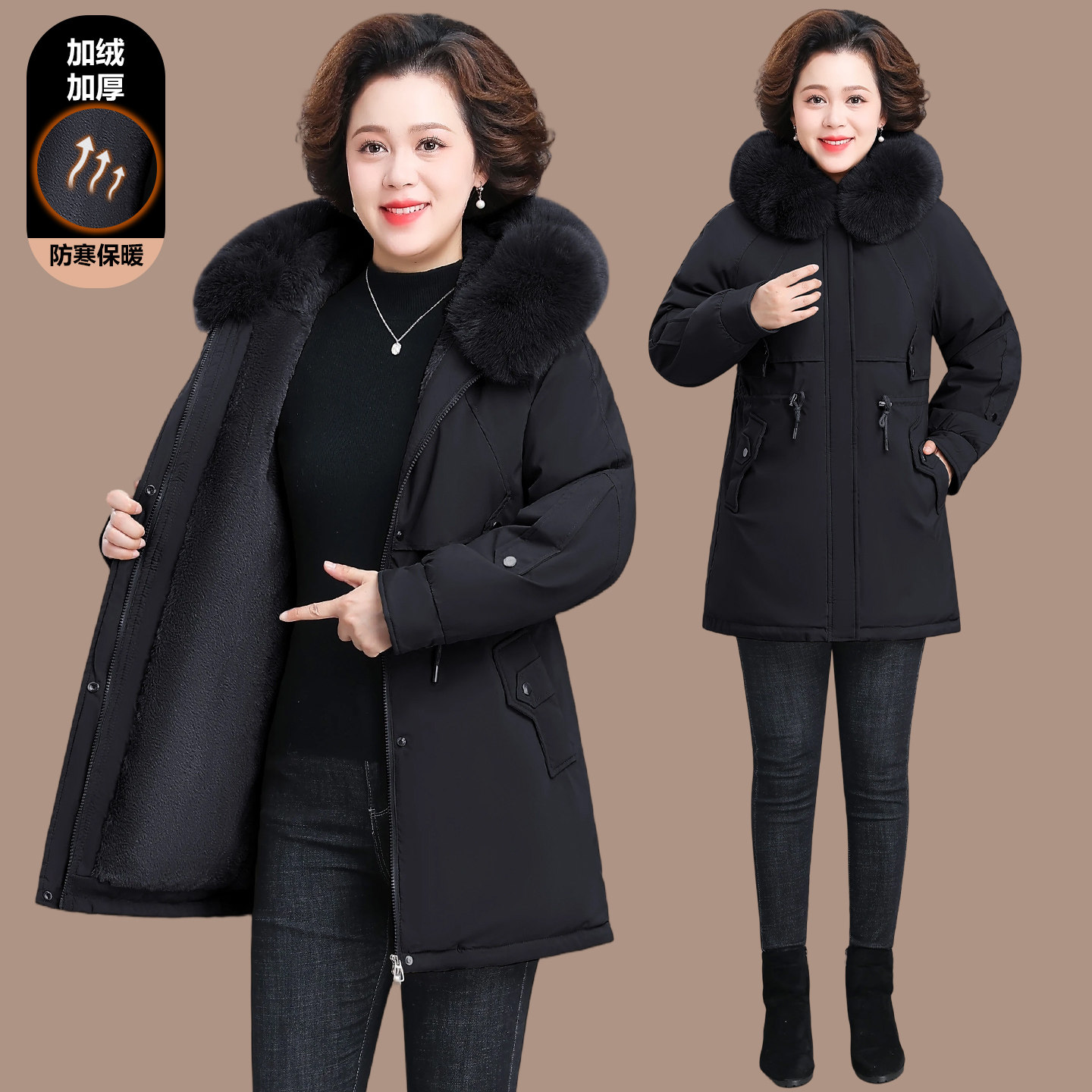 妈妈冬装加绒加厚棉衣外套洋气派克服中老年女装2025新款东北棉袄