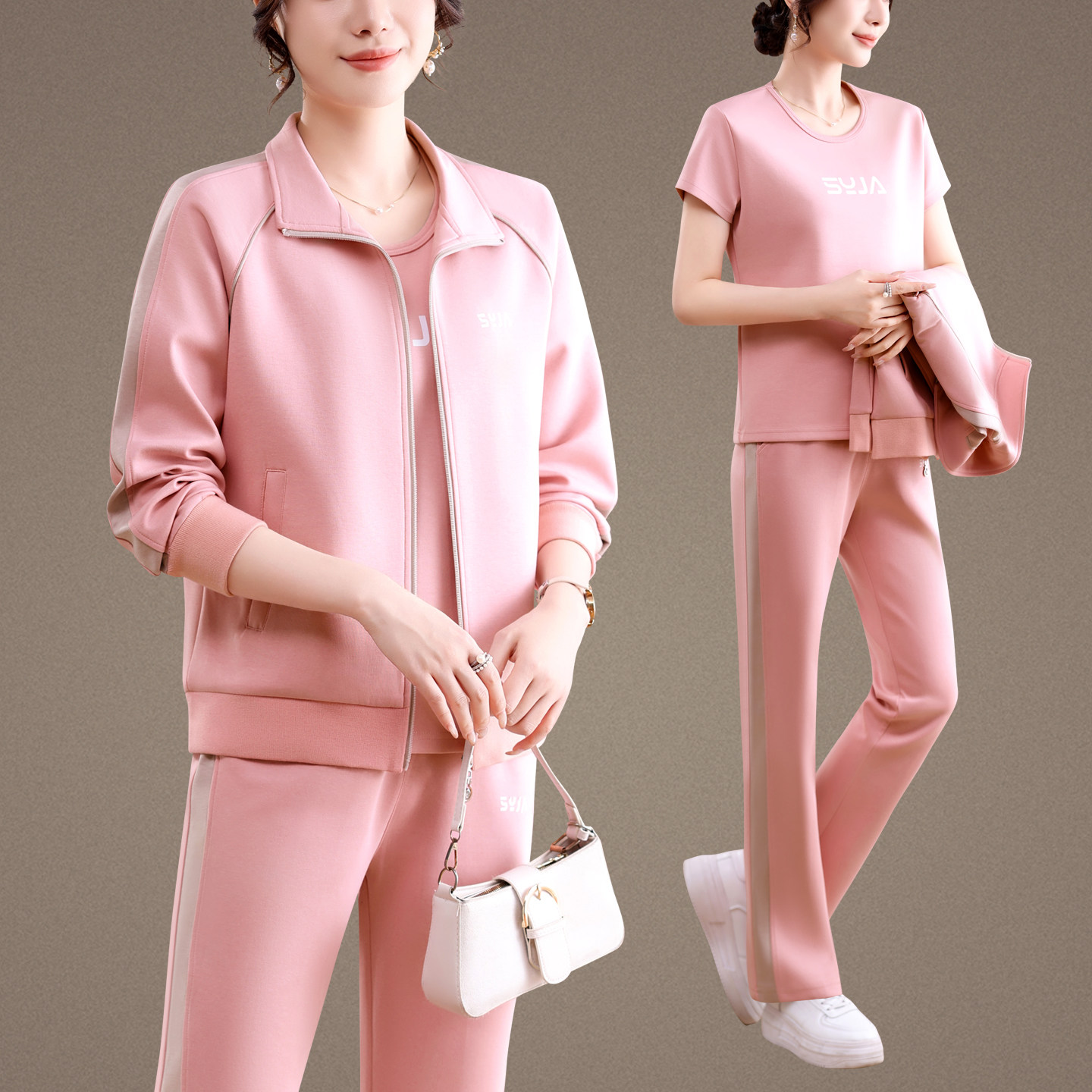 妈妈运动服套装春秋洋气中年人上衣40岁50中老年秋装外套女三件套