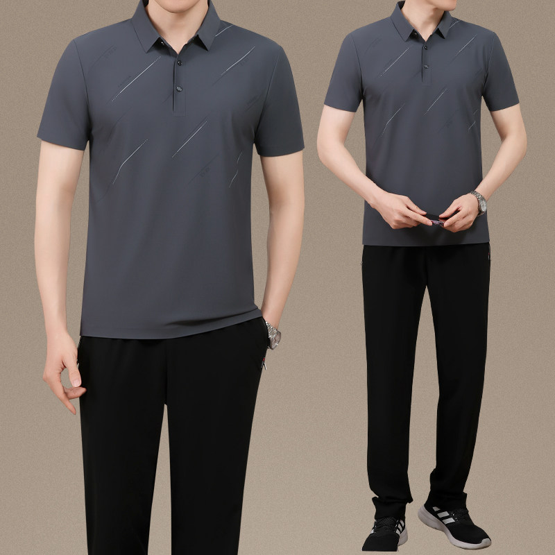 爸爸夏装冰丝运动套装男2025新款中老年短袖t恤父亲夏天速干衣服