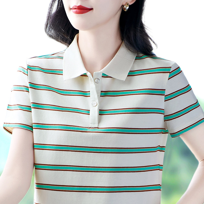 时尚polo衫t恤女夏季新款条纹翻领短袖大码运动休闲有领女士上衣