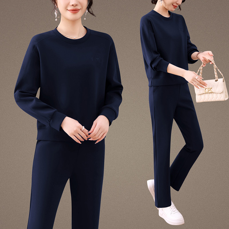 妈妈运动套装春秋宽松洋气小个子圆领休闲卫衣中老年家居服女大码