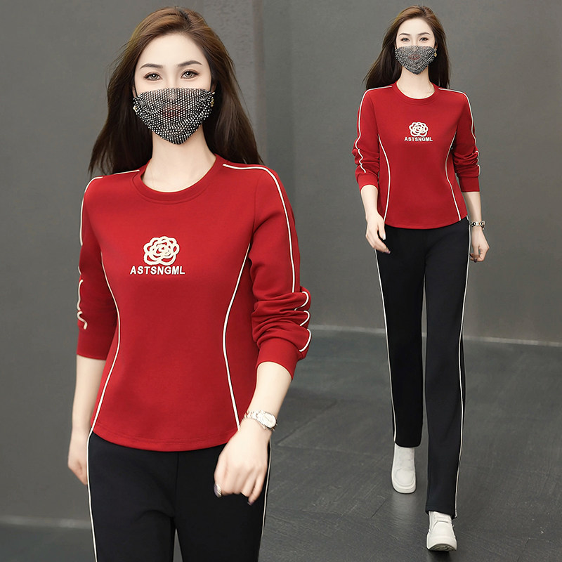 休闲运动卫衣套装女2025年春季新款宽松圆领上衣直筒裤时尚两件套