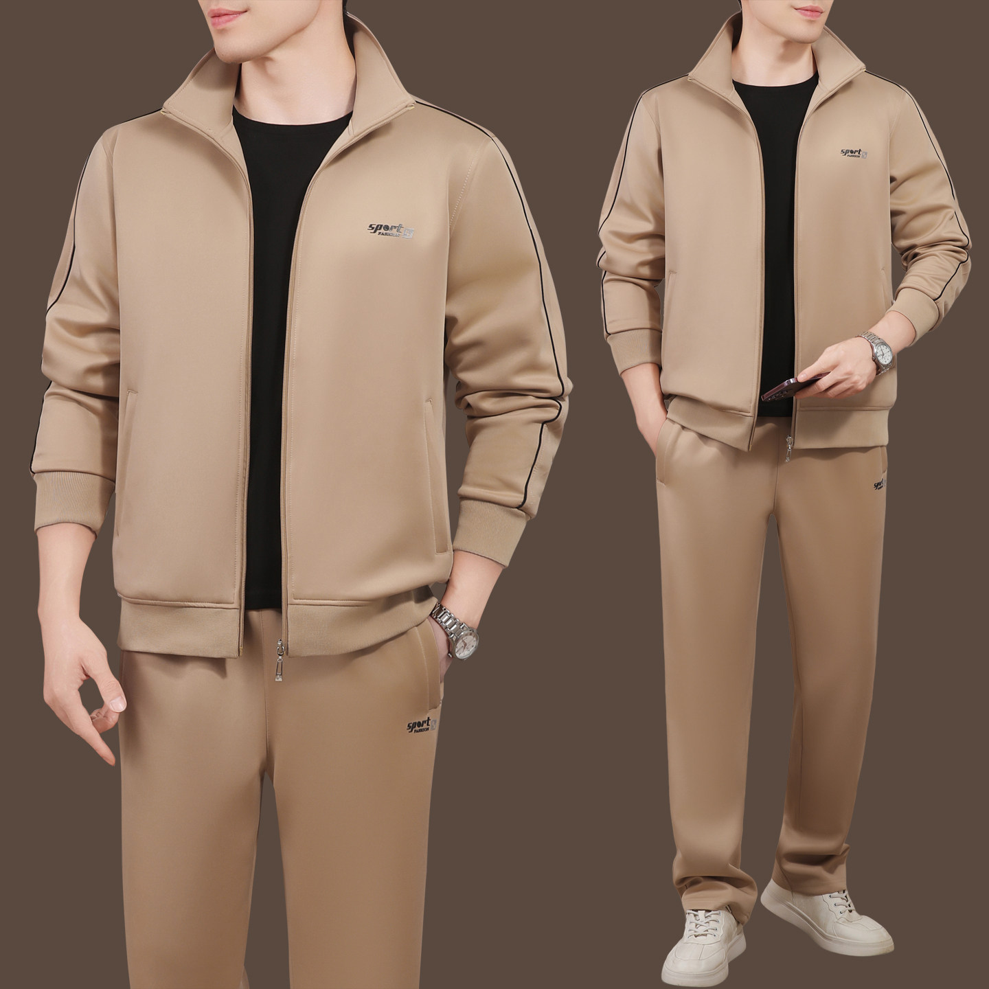 中老年爸爸秋装运动服休闲外套男春秋大码中年父亲上衣服两件套装