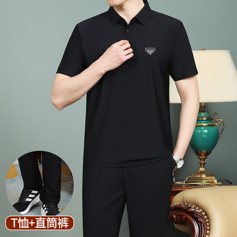 中年爸爸夏装时尚套装短袖长裤新款翻领休闲中老年男士夏季运动服