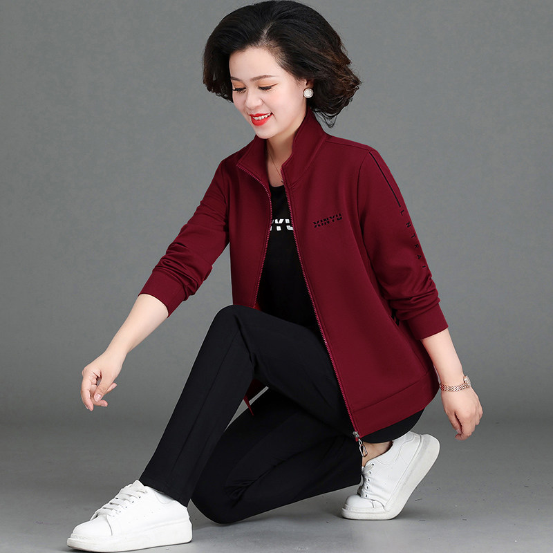 妈妈运动服套装女春秋2023新款中年上衣三件套中老年春装休闲外套