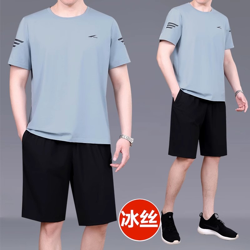 爸爸装夏装套装男士新款圆领短袖t恤男装中老年运动衣服冰丝套装