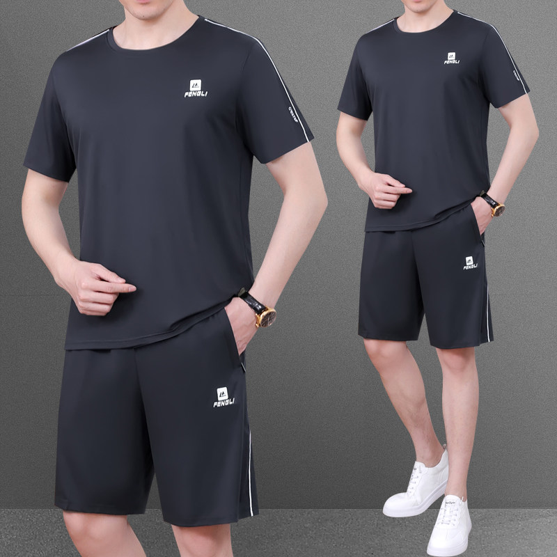 中老年男士球服运动套装夏季冰丝短袖短裤圆领爸爸夏装跑步健身服