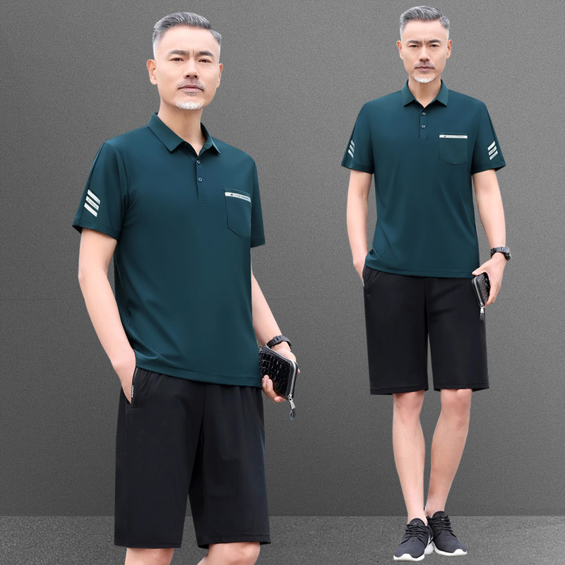 爸爸夏装套装冰丝短袖t恤薄款休闲新款中老年男士夏季POLO衫上衣