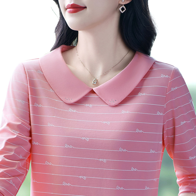 高级感长袖女春秋时尚条纹t恤气质减龄娃娃领打底衫翻领上衣显瘦