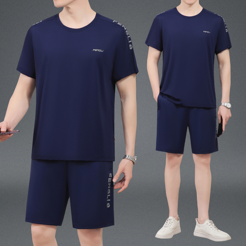 爸爸夏装套装男士2025夏季新款圆领冰丝短袖t恤短裤中老年运动服