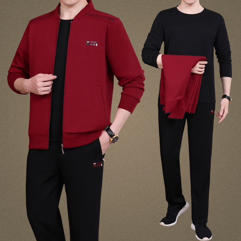 中老年爸爸运动套装男士春秋季休闲装宽松三件套运动服棒球领套装
